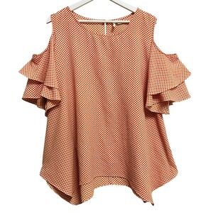EST. 1946 Blouse Womens 22/24W Orange Polka Dot Cold Shoulder‎ Ruffle Sleeve Top